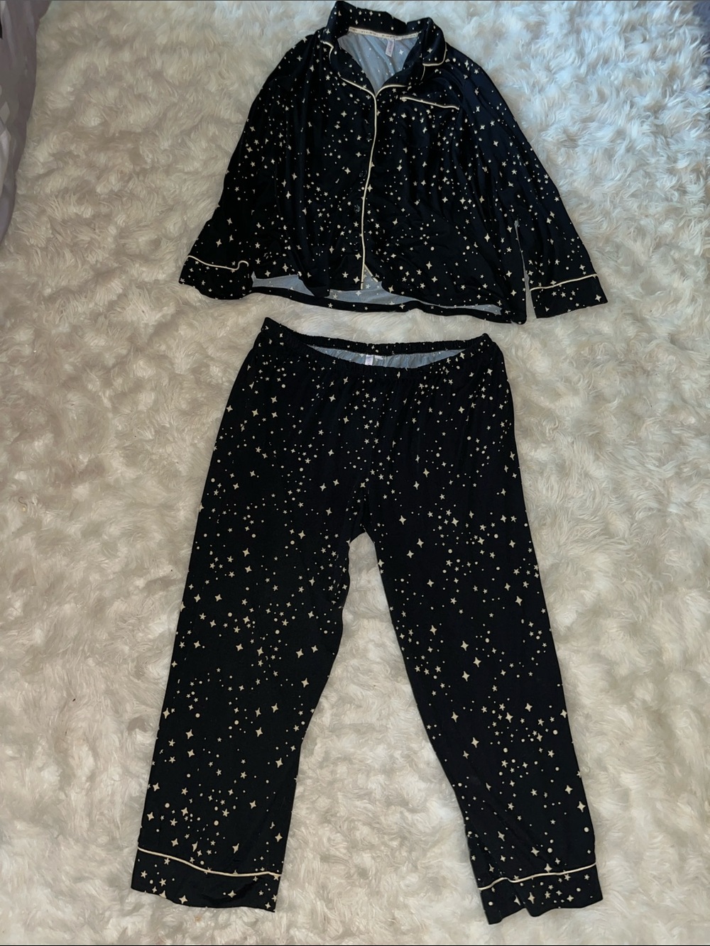 Black Star-Print Pajama Set with Cream Piping